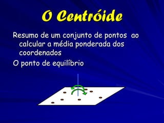 O Centróide
Resumo de um conjunto de pontos ao
 calcular a média ponderada dos
 coordenados
O ponto de equilíbrio
 