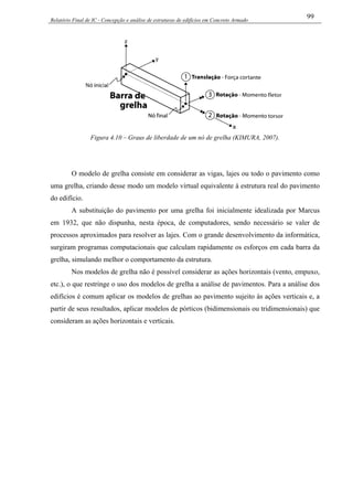 Relatório Final de IC - Concepção e análise de estruturas de edifícios em Concreto Armado
99
Figura 4.10 – Graus de liberdade de um nó de grelha (KIMURA, 2007).
O modelo de grelha consiste em considerar as vigas, lajes ou todo o pavimento como
uma grelha, criando desse modo um modelo virtual equivalente à estrutura real do pavimento
do edifício.
A substituição do pavimento por uma grelha foi inicialmente idealizada por Marcus
em 1932, que não dispunha, nesta época, de computadores, sendo necessário se valer de
processos aproximados para resolver as lajes. Com o grande desenvolvimento da informática,
surgiram programas computacionais que calculam rapidamente os esforços em cada barra da
grelha, simulando melhor o comportamento da estrutura.
Nos modelos de grelha não é possível considerar as ações horizontais (vento, empuxo,
etc.), o que restringe o uso dos modelos de grelha a análise de pavimentos. Para a análise dos
edifícios é comum aplicar os modelos de grelhas ao pavimento sujeito às ações verticais e, a
partir de seus resultados, aplicar modelos de pórticos (bidimensionais ou tridimensionais) que
consideram as ações horizontais e verticais.
 