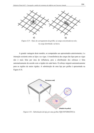 Relatório Final de IC - Concepção e análise de estruturas de edifícios em Concreto Armado
104
Figura 4.15 – Tipos de carregamento da grelha: a) carga concentrada nos nós;
b) carga distribuída na barra.
A grande vantagem deste modelo, se comparados aos apresentados anteriormente, é a
interação existente entre as lajes e as vigas. A transferência das cargas das lajes para as vigas
não é mais feita por área de influência, pois a distribuição dos esforços é feita
automaticamente de acordo com a rigidez de cada barra. O esforço migrará automaticamente
para as regiões de maior rigidez. A substituição de uma laje por grelha é apresentada na
Figura 4.16.
Figura 4.16 – Substituição da laje por uma grelha (TQS INFORMÁTICA).
 