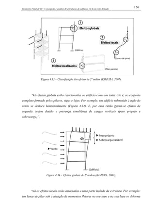 Relatório Final de IC - Concepção e análise de estruturas de edifícios em Concreto Armado
124
Figura 4.33 – Classificação dos efeitos de 2ª ordem (KIMURA, 2007).
“Os efeitos globais estão relacionados ao edifício como um todo, isto é, ao conjunto
completo formado pelos pilares, vigas e lajes. Por exemplo: um edifício submetido à ação do
vento se desloca horizontalmente (Figura 4.34). E, por essa razão geram-se efeitos de
segunda ordem devido a presença simultânea de cargas verticais (peso próprio e
sobrecarga)”.
Figura 4.34 - Efeitos globais de 2ª ordem (KIMURA, 2007).
“Já os efeitos locais estão associados a uma parte isolada da estrutura. Por exemplo:
um lance de pilar sob a atuação de momentos fletores no seu topo e na sua base se deforma
 