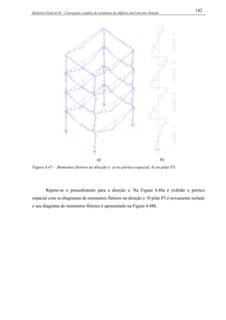 Relatório Final de IC - Concepção e análise de estruturas de edifícios em Concreto Armado
142
a) b)
Figura 4.47 - Momentos fletores na direção y: a) no pórtico espacial; b) no pilar P3.
Repete-se o procedimento para a direção z. Na Figura 4.48a é exibido o pórtico
espacial com os diagramas de momentos fletores na direção z. O pilar P3 é novamente isolado
e seu diagrama de momentos fletores é apresentado na Figura 4.48b.
 