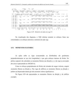 Relatório Final de IC - Concepção e análise de estruturas de edifícios em Concreto Armado
145
Figura 4.49 – Relatório de dados da viga V1.
Na visualização dos diagrama, o TQS informa somente os esforços finais nas
extremidades e os esforços máximos e mínimos de cada viga.
4.9.1 MOMENTOS FLETORES
As ações sobre as vigas (concentradas ou distribuídas) são geralmente
perpendicularmente ao seu eixo longitudinal, o que gera esforços internos de flexão. No
pórtico espacial, são calculados os momentos fletores nas direções y e z da viga (a convenção
dos eixos é apresentada no ANEXO A).
Como os esforços preponderantes de flexão são oriundos de cargas verticais, surgem
momentos fletores na direção y. Nas vigas de edifícios os momentos fletores na direção z
podem ser desprezados desde que não assumam valores significativos.
Na Figura 4.50 são apresentados os momentos fletores na direção y do edifício
exemplo.
 