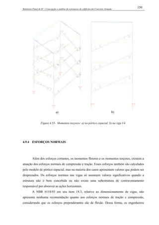 Relatório Final de IC - Concepção e análise de estruturas de edifícios em Concreto Armado
150
a) b)
Figura 4.55- Momentos torçores: a) no pórtico espacial; b) na viga V4.
4.9.4 ESFORÇOS NORMAIS
Além dos esforços cortantes, os momentos fletores e os momentos torçores, existem a
atuação dos esforços normais de compressão e tração. Esses esforços também são calculados
pelo modelo de pórtico espacial, mas na maioria dos casos apresentam valores que podem ser
desprezados. Os esforços normais nas vigas só assumem valores significativos quando a
estrutura não é bem concebida ou não existe uma subestrutura de contraventamento
responsável por absorver as ações horizontais.
A NBR 6118/03 em seu item 18.3, relativo ao dimensionamento de vigas, não
apresenta nenhuma recomendação quanto aos esforços normais de tração e compressão,
considerando que os esforços preponderantes são de flexão. Dessa forma, os engenheiros
 