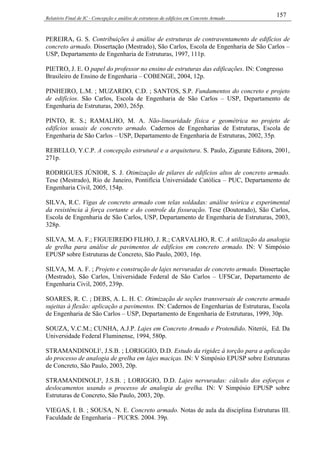 Relatório Final de IC - Concepção e análise de estruturas de edifícios em Concreto Armado
157
PEREIRA, G. S. Contribuições à análise de estruturas de contraventamento de edifícios de
concreto armado. Dissertação (Mestrado), São Carlos, Escola de Engenharia de São Carlos –
USP, Departamento de Engenharia de Estruturas, 1997, 111p.
PIETRO, J. E. O papel do professor no ensino de estruturas das edificações. IN: Congresso
Brasileiro de Ensino de Engenharia – COBENGE, 2004, 12p.
PINHEIRO, L.M. ; MUZARDO, C.D. ; SANTOS, S.P. Fundamentos do concreto e projeto
de edifícios. São Carlos, Escola de Engenharia de São Carlos – USP, Departamento de
Engenharia de Estruturas, 2003, 265p.
PINTO, R. S.; RAMALHO, M. A. Não-linearidade física e geométrica no projeto de
edifícios usuais de concreto armado. Cadernos de Engenharias de Estruturas, Escola de
Engenharia de São Carlos – USP, Departamento de Engenharia de Estruturas, 2002, 35p.
REBELLO, Y.C.P. A concepção estrutural e a arquitetura. S. Paulo, Zigurate Editora, 2001,
271p.
RODRIGUES JÚNIOR, S. J. Otimização de pilares de edifícios altos de concreto armado.
Tese (Mestrado), Rio de Janeiro, Pontifícia Universidade Católica – PUC, Departamento de
Engenharia Civil, 2005, 154p.
SILVA, R.C. Vigas de concreto armado com telas soldadas: análise teórica e experimental
da resistência à força cortante e do controle da fissuração. Tese (Doutorado), São Carlos,
Escola de Engenharia de São Carlos, USP, Departamento de Engenharia de Estruturas, 2003,
328p.
SILVA, M. A. F.; FIGUEIREDO FILHO, J. R.; CARVALHO, R. C. A utilização da analogia
de grelha para análise de pavimentos de edifícios em concreto armado. IN: V Simpósio
EPUSP sobre Estruturas de Concreto, São Paulo, 2003, 16p.
SILVA, M. A. F. ; Projeto e construção de lajes nervuradas de concreto armado. Dissertação
(Mestrado), São Carlos, Universidade Federal de São Carlos – UFSCar, Departamento de
Engenharia Civil, 2005, 239p.
SOARES, R. C. ; DEBS, A. L. H. C. Otimização de seções transversais de concreto armado
sujeitas à flexão: aplicação a pavimentos. IN: Cadernos de Engenharias de Estruturas, Escola
de Engenharia de São Carlos – USP, Departamento de Engenharia de Estruturas, 1999, 30p.
SOUZA, V.C.M.; CUNHA, A.J.P. Lajes em Concreto Armado e Protendido. Niterói, Ed. Da
Universidade Federal Fluminense, 1994, 580p.
STRAMANDINOLI¹, J.S.B. ; LORIGGIO, D.D. Estudo da rigidez à torção para a aplicação
do processo de analogia de grelha em lajes maciças. IN: V Simpósio EPUSP sobre Estruturas
de Concreto, São Paulo, 2003, 20p.
STRAMANDINOLI², J.S.B. ; LORIGGIO, D.D. Lajes nervuradas: cálculo dos esforços e
deslocamentos usando o processo de analogia de grelha. IN: V Simpósio EPUSP sobre
Estruturas de Concreto, São Paulo, 2003, 20p.
VIEGAS, I. B. ; SOUSA, N. E. Concreto armado. Notas de aula da disciplina Estruturas III.
Faculdade de Engenharia – PUCRS. 2004. 39p.
 