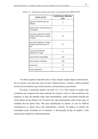 Relatório Final de IC - Concepção e análise de estruturas de edifícios em Concreto Armado
21
Tabela 2.1 – Espessuras mínimas para lajes recomendados pela NBR 6118/03.
APLICAÇÃO
ESPESSURA MÍNIMA
(cm)
Lajes de cobertura não em
balanço
5
Lajes de piso ou de cobertura
em balanço
7
Lajes que suportem veículos
de peso total menor ou igual
a 30 kN
10
Lajes que suportem veículos
de peso total maior que 30
kN
12
Lajes com protensão
apoiadas em vigas
15
Lajes de piso bi-apoiadas l/42
Lajes de piso contínuas l/50
Lajes lisas 16
Lajes cogumelos 14
Ao adotar pequenas espessuras para as lajes maciças surgem alguns inconvenientes.
Por ser maciça a laje não atua como um bom isolante térmico e acústico, sendo necessário
investir em revestimentos que isolem (acústica e termicamente) os pavimentos.
Em geral, os projetistas adotam vão entre 3,5 e 5 m. Vãos maiores se tornam anti-
econômicos por exigirem uma maior espessura de concreto. Como os vãos econômicos são
pequenos, as lajes são apoiadas sobre vigas intermediárias, sendo o pavimento formado por
vários painéis de laje (Figura 2.8). Os apoios das vigas intermediárias sobre outras vigas, na
realidade não são apoios fixos. Mas para simplificação do cálculo, no caso de edifícios
consideram-se os apoios fixos (sem deslocamento vertical). Na prática, os painéis são
concretados juntos formando um só elemento. A discretização da laje em painéis é feita
somente para simplificar o dimensionamento.
 