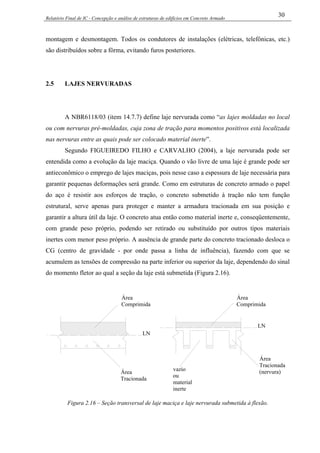 Relatório Final de IC - Concepção e análise de estruturas de edifícios em Concreto Armado
30
montagem e desmontagem. Todos os condutores de instalações (elétricas, telefônicas, etc.)
são distribuídos sobre a fôrma, evitando furos posteriores.
2.5 LAJES NERVURADAS
A NBR6118/03 (item 14.7.7) define laje nervurada como “as lajes moldadas no local
ou com nervuras pré-moldadas, cuja zona de tração para momentos positivos está localizada
nas nervuras entre as quais pode ser colocado material inerte”.
Segundo FIGUEIREDO FILHO e CARVALHO (2004), a laje nervurada pode ser
entendida como a evolução da laje maciça. Quando o vão livre de uma laje é grande pode ser
antieconômico o emprego de lajes maciças, pois nesse caso a espessura de laje necessária para
garantir pequenas deformações será grande. Como em estruturas de concreto armado o papel
do aço é resistir aos esforços de tração, o concreto submetido à tração não tem função
estrutural, serve apenas para proteger e manter a armadura tracionada em sua posição e
garantir a altura útil da laje. O concreto atua então como material inerte e, conseqüentemente,
com grande peso próprio, podendo ser retirado ou substituído por outros tipos materiais
inertes com menor peso próprio. A ausência de grande parte do concreto tracionado desloca o
CG (centro de gravidade - por onde passa a linha de influência), fazendo com que se
acumulem as tensões de compressão na parte inferior ou superior da laje, dependendo do sinal
do momento fletor ao qual a seção da laje está submetida (Figura 2.16).
LN
Área
Comprimida
Área
Tracionada
LN
Área
Comprimida
Área
Tracionada
(nervura)vazio
ou
material
inerte
Figura 2.16 – Seção transversal de laje maciça e laje nervurada submetida à flexão.
 