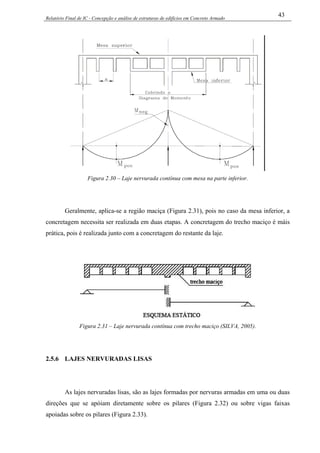 Relatório Final de IC - Concepção e análise de estruturas de edifícios em Concreto Armado
43
Figura 2.30 – Laje nervurada contínua com mesa na parte inferior.
Geralmente, aplica-se a região maciça (Figura 2.31), pois no caso da mesa inferior, a
concretagem necessita ser realizada em duas etapas. A concretagem do trecho maciço é máis
prática, pois é realizada junto com a concretagem do restante da laje.
Figura 2.31 – Laje nervurada contínua com trecho maciço (SILVA, 2005).
2.5.6 LAJES NERVURADAS LISAS
As lajes nervuradas lisas, são as lajes formadas por nervuras armadas em uma ou duas
direções que se apóiam diretamente sobre os pilares (Figura 2.32) ou sobre vigas faixas
apoiadas sobre os pilares (Figura 2.33).
 