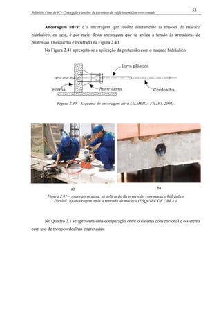 Relatório Final de IC - Concepção e análise de estruturas de edifícios em Concreto Armado
53
Ancoragem ativa: é a ancoragem que recebe diretamente as tensões do macaco
hidráulico, ou seja, é por meio desta ancoragem que se aplica a tensão às armaduras de
protensão. O esquema é mostrado na Figura 2.40.
Na Figura 2.41 apresenta-se a aplicação da protensão com o macaco hidráulico.
Figura 2.40 – Esquema de ancoragem ativa (ALMEIDA FILHO, 2002).
a) b)
Figura 2.41 – Ancoragem ativa: a) aplicação da protensão com macaco hidráulico
Portátil; b) ancoragem após a retirada do macaco (ESQUIPE DE OBRA¹).
No Quadro 2.1 se apresenta uma comparação entre o sistema convencional e o sistema
com uso de monocordoalhas engraxadas.
 