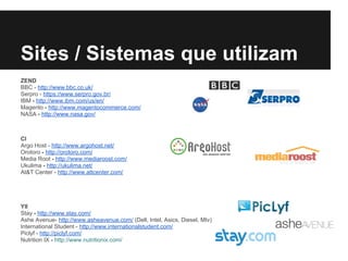 Sites / Sistemas que utilizam
ZEND
BBC - http://www.bbc.co.uk/
Serpro - https://www.serpro.gov.br/
IBM - http://www.ibm.com/us/en/
Magento - http://www.magentocommerce.com/
NASA - http://www.nasa.gov/
CI
Argo Host - http://www.argohost.net/
Orotoro - http://orotoro.com/
Media Root - http://www.mediaroost.com/
Ukulima - http://ukulima.net/
At&T Center - http://www.attcenter.com/
YII
Stay - http://www.stay.com/
Ashe Avenue- http://www.asheavenue.com/ (Dell, Intel, Asics, Diesel, Mtv)
International Student - http://www.internationalstudent.com/
Piclyf - http://piclyf.com/
Nutrition IX - http://www.nutritionix.com/
 