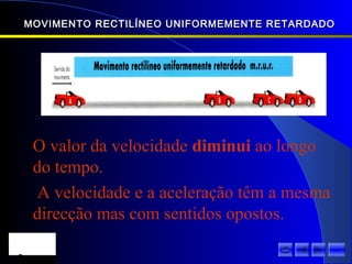 MOVIMENTO RECTILÍNEO UNIFORMEMENTE RETARDADOMOVIMENTO RECTILÍNEO UNIFORMEMENTE RETARDADO
O valor da velocidade diminui ao longo
do tempo.
A velocidade e a aceleração têm a mesma
direcção mas com sentidos opostos.
sair
 