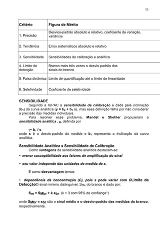 11
Critério Figura de Mérito
1. Precisão
Desvios-padrão absoluto e relativo, coeficiente de variação,
variância
2. Tendência Erros sistemáticos absoluto e relativo
3. Sensibilidade Sensibilidades de calibração e analítica
4. Limite de
detecção
Branco mais três vezes o desvio-padrão dos
sinais do branco
5. Faixa dinâmica Limite de quantificação até o limite de linearidade
6. Seletividade Coeficiente de seletividade
SENSIBILIDADE
Segundo a IUPAC a sensibilidade de calibração é dada pela inclinação
(b1) da curva analítica (y = b0 + b1 x), mas essa definição falha por não considerar
a precisão das medidas individuais.
Para resolver esse problema, Mandel e Stiehler propuseram a
sensibilidade analítica , g, definida por
γ= b1 / s
onde s é o desvio-padrão da medida e b1 representa a inclinação da curva
analítica.
Sensibilidade Analítica x Sensibilidade de Calibração
Como vantagens da sensibilidade analítica destacam-se:
• menor susceptibilidade aos fatores de amplificação do sinal
• seu valor independe das unidades de medida de s.
E como desvantagem temos:
• dependência da concentração (C), pois s pode variar com CLimite de
DetecçãoO sinal mínimo distinguível, Sm, do branco é dado por:
Sm = SMbr + k sbr (k = 3 com 95% de confiança*)
onde SMbr e sbr são o sinal médio e o desvio-padrão das medidas do branco,
respectivamente.
 