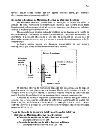 122
ferro(II) estiver sendo titulado por um agente oxidante como, por exemplo,
dicromato ou permanganato de potássio.
Eletrodos Indicadores de Membrana Seletiva ou Eletrodos Seletivos
Os eletrodos seletivos baseiam-se na formação de potenciais elétricos
através de uma membrana semipermeável (material que separa duas fases
líquidas não igualmente permeável a todos componentes), que devem ser seletivas
apenas à espécie química de interesse.
O potencial de um eletrodo indicador metálico surge devido a uma reação de
oxidação-redução que ocorre na superfície do eletrodo, enquanto no eletrodo de
membrana o potencial observado é um tipo de potencial de junção que se
desenvolve através da membrana que separa a solução do analito de uma solução
de referência.
A figura abaixo mostra um diagrama esquemático de um sistema
eletroquímico que utiliza um eletrodo de membrana seletivo.
O potencial através da membrana depende das concentrações da espécie
química móvel nas soluções externa e interna. Mantendo fixa a concentração da
espécie móvel na solução interna, o potencial medido refletirá as variações das
concentrações da espécie móvel na solução externa, ou seja, nas amostras.
A medida do potencial requer um contato elétrico entre as soluções interna e
externa. Isto é feito usando eletrodos de referência (prata/cloreto de prata) nas
duas soluções, um interno e outro externo. Um exemplo típico e clássico de um
eletrodo seletivo é o eletrodo de vidro (membrana de vidro) usado na determinação
potenciométrica de pH.
Tipos de Eletrodo de Membrana Seletiva ou Eletrodos Seletivos
1) Eletrodos de Membrana Seletiva Não-Cristalina:
- Eletrodo de Membrana de Vidro Sensível a íons H+
Exemplo: vidro sensível a H+
- Eletrodo de Membrana de Vidro Sensível a Cátions
Exemplos: vidros sensíveis a Na+
, Li+
, NH4
+
 
