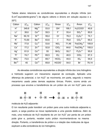 147
Tabela abaixo relaciona as condutâncias equivalentes a diluição infinita (em
S.cm2
.equivalente-grama-1
) de alguns cátions e ânions em solução aquosa e a
25o
C.
Cátion λλλλo
(+) Cátion λλλλo
(+) Ânion λλλλo
(-) Ânion λλλλo
(-)
H+
349,8 Mg+2
53,0 OH-
199,1 H3CCOO-
40,9
Li+
38,6 Ca+2
59,5 F-
55,4 SO4
-2
80,0
Na+
50,10 Sr+2
59,4 Cl-
76,3 C2O4
-2
74,1
K+
73,50 Ba+2
63,6 I-
76,8 CO3
-2
69,3
Rb+
77,8 Cu+2
53,6 NO3
-
71,46 Fe(CN)6
-3
100,9
Cs+
77,2 Zn+2
52,8 ClO3
-
64,6 Fe(CN)6
-4
100,5
Ag+
61,9 Co+2
55 BrO3
-
55,7 P2O7
-4
95,9
Tl+
74,7 Pb+2
69,5 IO3
-
40,5 ClO4
-
67,3
NH4
+
73,5 La+3
69,7 HCO3
-
44,5 IO4
-
54,5
Be+2
45 Ce+3
69,8 HCOO-
54,5 Br-
78,14
As elevadas condutâncias equivalentes a diluição infinita dos íons hidrogênio
e hidróxido sugerem um mecanismo especial de condução. Aplicado uma
diferença de potencial, o íon H3O+
se movimenta, em parte, segundo o mesmo
mecanismo usado pelas demais espécies iônicas. Porém, ocorre ainda um
processo que envolve a transferência de um próton de um íon H3O+
para uma
molécula de H2O adjacente:
O íon resultante pode transferir um próton para uma outra molécula adjacente e,
assim, a carga positiva se move rapidamente a uma grande distância. Além do
mais, uma molécula de H2O resultante de um íon H3O+
por perda de um próton
pode girar e, portanto, receber outro próton movimentando-se na mesma
direção. Portanto, a transferência de próton e a rotação das moléculas de água
explicam a alta condutância do íon hidrogênio.
 