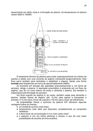 28
aquecimento por efeito Joule e a formação do plasma. As temperaturas no plasma
variam 6000 a 10000K.
O isolamento térmico do plasma para evitar superaquecimento do cilindro de
quartzo é obtido com uma corrente de argônio introduzida tangencialmente. Este
fluxo serve também para centralizar e estabilizar o plasma, dando uma forma
toroidal para freqüências em torno de aproximadamente 30MHz.
As amostras em solução são aspiradas pneumaticamente e, em forma de
aerossol, atinge o plasma. A aspiração pneumática é produzida por um fluxo de
argônio, que flui no cone interno da tocha e alimenta o plasma. Ele também é
responsável pela formação do aerossol.
Um fluxo suporte de argônio é, às vezes, também usado para alimentar o
plasma. Vazões típicas de argônio são: 1L/min para aspirar e transportar a
amostra, 0-1L/min para o fluxo de suporte e 15L/min para o fluxo de esfriamento.
As propriedades físicas e químicas do plasma ICP oferecem algumas
vantagens sobre as chamas.
● um ambiente químico mais limpo.
● temperaturas mais altas que dissociam completamente os compostos
refratários.
● a faixa linear de concentração é 4 ou mais vezes maior.
● o espectro é rico em linhas atômicas e iônicas, o que dá uma maior
possibilidade de escolha da linha analítica.
 