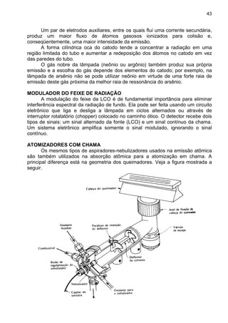 43
Um par de eletrodos auxiliares, entre os quais flui uma corrente secundária,
produz um maior fluxo de átomos gasosos ionizados para colisão e,
conseqüentemente, uma maior intensidade da emissão.
A forma cilíndrica oca do catodo tende a concentrar a radiação em uma
região limitada do tubo e aumentar a redeposição dos átomos no catodo em vez
das paredes do tubo.
O gás nobre da lâmpada (neônio ou argônio) também produz sua própria
emissão e a escolha do gás depende dos elementos do catodo; por exemplo, na
lâmpada de arsênio não se pode utilizar neônio em virtude de uma forte raia de
emissão deste gás próxima da melhor raia de ressonância do arsênio.
MODULADOR DO FEIXE DE RADIAÇÃO
A modulação do feixe da LCO é de fundamental importância para eliminar
interferência espectral da radiação de fundo. Ela pode ser feita usando um circuito
eletrônico que liga e desliga a lâmpada em ciclos alternados ou através de
interruptor rotatatório (chopper) colocado no caminho ótico. O detector recebe dois
tipos de sinais: um sinal alternado da fonte (LCO) e um sinal contínuo da chama.
Um sistema eletrônico amplifica somente o sinal modulado, ignorando o sinal
contínuo.
ATOMIZADORES COM CHAMA
Os mesmos tipos de aspiradores-nebulizadores usados na emissão atômica
são também utilizados na absorção atômica para a atomização em chama. A
principal diferença está na geometria dos queimadores. Veja a figura mostrada a
seguir.
 