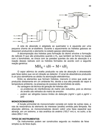 48
A cela de absorção é adaptada ao queimador e é aquecida por uma
pequena chama de ar-acetileno. Durante o aquecimento os hidretos gasosos se
dissociam produzindo o elemento no estado gasoso (atomização).
A decomposição dos hidretos para formação do átomo envolve a formação
de radicais H que são produzidos quando o H2, que também se forma na reação
com o borohidreto, se choca com as paredes quentes da cela de absorção e a
reação desses radicais com os hidretos formados de acordo com a seguinte
reação genérica:
2xH+M→.xH+xMH
O vapor atômico do analito produzido na cela de absorção é atravessado
pelo feixe óptico que vai em direção ao detector. O sinal de absorbância produzido
é um pico semelhante ao obtido na atomização eletrotérmica.
Entre os elementos que formam hidretos, mercúrio é único que pode ser
produzido diretamente em um ambiente frio, devido a sua alta pressão de vapor à
temperatura ambiente, na presença do excesso de borohidreto de sódio.
As vantagens da técnica de geração de hidretos são:
- os problemas de interferências de matriz são reduzidos, pois os átomos
do analito são retirados da matriz da amostra
- podem ser atingidos baixos limites de detecção (ng/ml ≡ ppb e pg/ml ≡
ppt)
MONOCROMADORES
A função primordial do monocromador consiste em isolar de outras raias, a
raia de ressonância do elemento de interesse (analito) emitida pela lâmpada. Na
absorção atômica, os monocromadores devem cobrir uma faixa espectral que
abranja, em um extremo, a raia analítica do arsênio (193,7 nm) e, no outro, a do
césio (852,1 nm).
TIPOS DE INSTRUMENTOS
Os instrumentos podem ser construídos segundo os modelos de feixe
simples ou de feixe duplo.
 