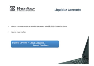 •    Quanto	
  a	
  empresa	
  possui	
  no	
  A6vo	
  Circulante	
  para	
  cada	
  R$1,00	
  de	
  Passivo	
  Circulante.	
  


•    Quanto	
  maior	
  melhor.	
  




      Liquidez	
  Corrente	
  	
  =	
  	
  	
  A2vo	
  Circulante	
  	
  	
  	
  
      	
  	
       	
              	
  	
  	
  	
  	
  	
  	
  	
  	
  Passivo	
  Circulante	
  
 