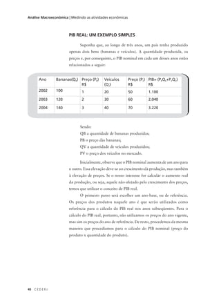 40 C E D E R J
Análise Macroeconômica | Medindo as atividades econômicas
Ano Bananas(QB) Preço (PB)
R$
Veículos
(Qv)
Preço (Pv)
R$
PIB= (PBQB+PVQV)
R$
2002 100 1 20 50 1.100
2003 120 2 30 60 2.040
2004 140 3 40 70 3.220
PIB REAL: UM EXEMPLO SIMPLES
Suponha que, ao longo de três anos, um país tenha produzido
apenas dois bens (bananas e veículos). A quantidade produzida, os
preços e, por conseguinte, o PIB nominal em cada um desses anos estão
relacionados a seguir:
Sendo:
QB a quantidade de bananas produzidas;
PB o preço das bananas;
QV a quantidade de veículos produzidos;
PV o preço dos veículos no mercado.
Inicialmente, observe que o PIB nominal aumenta de um ano para
o outro. Essa elevação deve-se ao crescimento da produção, mas também
à elevação de preços. Se o nosso interesse for calcular o aumento real
da produção, ou seja, aquele não-afetado pelo crescimento dos preços,
temos que utilizar o conceito de PIB real.
O primeiro passo será escolher um ano-base, ou de referência.
Os preços dos produtos naquele ano é que serão utilizados como
referência para o cálculo do PIB real nos anos subseqüentes. Para o
cálculo do PIB real, portanto, não utilizamos os preços do ano vigente,
mas sim os preços do ano de referência. De resto, procedemos da mesma
maneira que procedíamos para o cálculo do PIB nominal (preço do
produto x quantidade do produto).
 