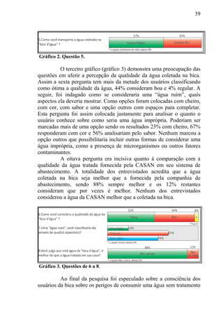 39
Gráfico 2. Questão 5.
O terceiro gráfico (gráfico 3) demonstra uma preocupação das
questões em aferir a percepção da qualidade da água coletada na bica.
Assim a sexta pergunta tem mais da metade dos usuários classificando
como ótima a qualidade da água, 44% consideram boa e 4% regular. A
seguir, foi indagado como se consideraria uma “água ruim”, quais
aspectos ela deveria mostrar. Como opções foram colocadas com cheiro,
com cor, com sabor e uma opção outros com espaços para completar.
Esta pergunta foi assim colocada justamente para analisar o quanto o
usuário conhece sobre como seria uma água imprópria. Poderiam ser
marcadas mais de uma opção sendo os resultados 23% com cheiro, 67%
responderam com cor e 56% analisariam pelo sabor. Nenhum marcou a
opção outros que possibilitaria incluir outras formas de considerar uma
água imprópria, como a presença de microrganismos ou outros fatores
contaminantes.
A oitava pergunta era incisiva quanto à comparação com a
qualidade da água tratada fornecida pela CASAN em seu sistema de
abastecimento. A totalidade dos entrevistados acredita que a água
coletada na bica seja melhor que a fornecida pela companhia de
abastecimento, sendo 88% sempre melhor e os 12% restantes
consideram que por vezes é melhor. Nenhum dos entrevistados
considerou a água da CASAN melhor que a coletada na bica.
Gráfico 3. Questões de 6 a 8.
Ao final da pesquisa foi especulado sobre a consciência dos
usuários da bica sobre os perigos de consumir uma água sem tratamento
 