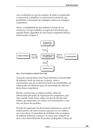 Análise Microeconômica

com as indústrias em que ela compete, de modo a compreender
a concorrência e identificar as características estruturais, que
possibilitam a formulação de estratégias na busca de vantagens
competitivas.
Assim, a rentabilidade de uma indústria é função de sua
estrutura e é ela que estabelece as regras da concorrência que,
segundo Porter, dependem de cinco forças competitivas básicas,
demonstradas na figura 1.
ENTRANTES
POTENCIAIS

Ameaça

FORNECEDORES

Poder de
Negociação

CONCORRENTES
NA INDÚSTRIA

Poder de
Negociação

COMPRADORES

Ameaça

SUBSTITUTOS

Figura 1: Forças Competitivas na Indústria (Porter, 1986)

A pressão conjunta destas cinco forças determina a lucratividade
da indústria, tendo em vista que os preços, custos e
investimentos, que são os elementos básicos da rentabilidade, são
influenciados em diferentes graus de intensidade por cada uma
destas forças competitivas.
De fato, os preços que as empresas podem cobrar são
influenciados pelo poder de negociação dos compradores, pois
estes, quando muito fortes, exigem serviços de elevado valor
relativo, que repercutem nos custos e nos investimentos e, com
isto, nos preços dos produtos.
O poder de negociação dos fornecedores determina os custos de
matéria-prima e de outros insumos, que, por sua vez, influem
nos custos finais. A intensidade da rivalidade entre as empresas
da indústria influencia os preços e os custos, para competir em
áreas como desenvolvimento do produto, propaganda e esforço de
Unidade 7

123

 