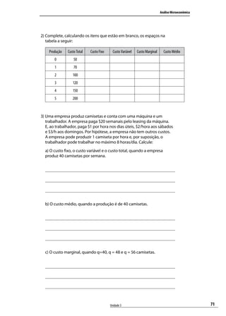 Análise Microeconômica

2) Complete, calculando os itens que estão em branco, os espaços na
tabela a seguir:
Produção

Custo Total

0

50

1

70

2

100

3

120

4

150

5

Custo Fixo

Custo Variável

Custo Marginal

Custo Médio

200

3) Uma empresa produz camisetas e conta com uma máquina e um
trabalhador. A empresa paga $20 semanais pelo leasing da máquina.
E, ao trabalhador, paga $1 por hora nos dias úteis, $2/hora aos sábados
e $3/h aos domingos. Por hipótese, a empresa não tem outros custos.
A empresa pode produzir 1 camiseta por hora e, por suposição, o
trabalhador pode trabalhar no máximo 8 horas/dia. Calcule:
a) O custo fixo, o custo variável e o custo total, quando a empresa
produz 40 camisetas por semana.

b) O custo médio, quando a produção é de 40 camisetas.

c) O custo marginal, quando q=40, q = 48 e q = 56 camisetas.

Unidade 3

71

 