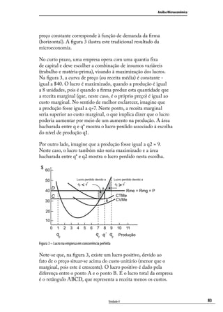 Análise Microeconômica

preço constante corresponde à função de demanda da firma
(horizontal). A figura 3 ilustra este tradicional resultado da
microeconomia.
No curto prazo, uma empresa opera com uma quantia fixa
de capital e deve escolher a combinação de insumos variáveis
(trabalho e matéria-prima), visando à maximização dos lucros.
Na figura 3, a curva de preço (ou receita média) é constante igual a $40. O lucro é maximizado, quando a produção é igual
a 8 unidades, pois é quando a firma produz esta quantidade que
a receita marginal (que, neste caso, é o próprio preço) é igual ao
custo marginal. No sentido de melhor esclarecer, imagine que
a produção fosse igual a q=7. Neste ponto, a receita marginal
seria superior ao custo marginal, o que implica dizer que o lucro
poderia aumentar por meio de um aumento na produção. A área
hachurada entre q e q* mostra o lucro perdido associado à escolha
do nível de produção q1.
Por outro lado, imagine que a produção fosse igual a q2 = 9.
Neste caso, o lucro também não seria maximizado e a área
hachurada entre q* e q2 mostra o lucro perdido nesta escolha.
$

60
Lucro perdido devido a
q1
q*

50
40

Lucro perdido devido a
q1
q*

>

<

D

A

Rme = Rmg = P
CTMe
CVMe

C
B

30
20
10
0

1

q

0

2

3

4

5

6

7

8

9

q q* q
1
2

10

11

Produção

Figura 3 – Lucro na empresa em concorrência perfeita

Note-se que, na figura 3, existe um lucro positivo, devido ao
fato de o preço situar-se acima do custo unitário (menor que o
marginal, pois este é crescente). O lucro positivo é dado pela
diferença entre o ponto A e o ponto B. E o lucro total da empresa
é o retângulo ABCD, que representa a receita menos os custos.

Unidade 4

83

 