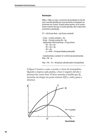 Universidade do Sul de Santa Catarina

Resolução:
RMg = CMg, ou seja, o aumento da produção se dá até
que a receita gerada por esse aumento se equipare ao
aumento nos custos. A partir desse ponto, se os custos
forem maiores do que a receita gerada, não é oportuno
aumentar a produção.
CT = 50 (Custo fixo) + q2 (Custo variável)
- Cmg = custos varáveis = 2q
- Rmg = função receita 40 – 2q
- Aplicando a fórmula Rmg = Cmg, temos:
	
40 – 2q = 2q
	
40 = 2q + 2q
	
40 = 4q
	
q = 40/4 = 10 (quantidade produzida)
- Substituindo a variável “q” na fórmula da demanda:
P(q) = 40 - p
P(q) = 40 – 10 = 30 (preço cobrado pelo monopolista)

A figura 3 mostra o custo, a receita e o lucro do monopolista.
Quando a empresa nada produz, o lucro é negativo devido à
presença dos custos fixos. O lucro aumenta à medida que Q
aumentar até atingir um ponto máximo (Q*) e, então, passa a
diminuir.

C

$

R

Lucro

Q*
Quantidade

94

 
