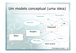 Um modelo conceptual (uma ideia) 
Photosynthesis 
Vineyard 
LAI 
N uptake 
Transpiration 
Respiration 
Grapes 
Wine 
H2O uptake 
Root system 
Conceptual model | 26 
 