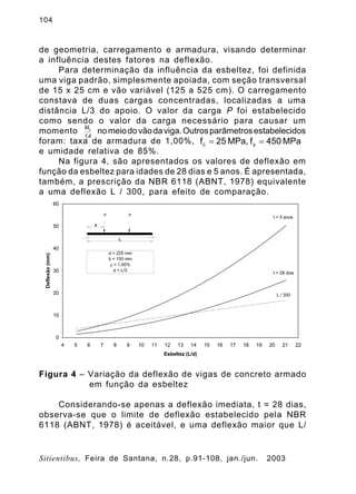 104
Sitientibus, Feira de Santana, n.28, p.91-108, jan./jun. 2003
de geometria, carregamento e armadura, visando determinar
a influência destes fatores na deflexão.
Para determinação da influência da esbeltez, foi definida
uma viga padrão, simplesmente apoiada, com seção transversal
de 15 x 25 cm e vão variável (125 a 525 cm). O carregamento
constava de duas cargas concentradas, localizadas a uma
distância L/3 do apoio. O valor da carga P foi estabelecido
como sendo o valor da carga necessário para causar um
momento nomeiodovãodaviga.Outrosparâmetrosestabelecidos
foram: taxa de armadura de 1,00%,
e umidade relativa de 85%.
Na figura 4, são apresentados os valores de deflexão em
função da esbeltez para idades de 28 dias e 5 anos. É apresentada,
também, a prescrição da NBR 6118 (ABNT, 1978) equivalente
a uma deflexão L / 300, para efeito de comparação.
Figura 4 – Variação da deflexão de vigas de concreto armado
em função da esbeltez
Considerando-se apenas a deflexão imediata, t = 28 dias,
observa-se que o limite de deflexão estabelecido pela NBR
6118 (ABNT, 1978) é aceitável, e uma deflexão maior que L/
4,1
My
MPa450fMPa,25f yc ==
0
10
20
30
40
50
60
4 5 6 7 8 9 10 11 12 13 14 15 16 17 18 19 20 21 22
Esbeltez (L/d)
Deflexão(mm)
L / 300
t = 28 dias
t = 5 anos
d = 225 mm
b = 150 mm
r = 1,00%
a = L/3
L
P P
a
 