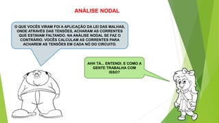 ANÁLISE NODAL
AHH TÁ... ENTENDI. E COMO A
GENTE TRABALHA COM
ISSO?
O QUE VOCÊS VIRAM FOI A APLICAÇÃO DA LEI DAS MALHAS,
ONDE ATRAVÉS DAS TENSÕES, ACHARAM AS CORRENTES
QUE ESTAVAM FALTANDO. NA ANÁLISE NODAL SE FAZ O
CONTRÁRIO. VOCÊS CALCULAM AS CORRENTES PARA
ACHAREM AS TENSÕES EM CADA NÓ DO CIRCUITO.
 