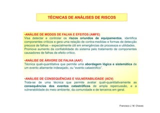 •ANÁLISE DE MODOS DE FALHA E EFEITOS (AMFE)
Visa detectar e controlar os riscosriscos oriundosoriundos dede equipamentosequipamentos, identifica
componentes críticos e gera uma relação de contra-medidas e formas de detecção
precoce de falhas – especialmente útil em emergências de processos e utilidades.
Promove aumento da confiabilidade do sistema pelo tratamento de componentes
causadores de falhas de efeito crítico.
TÉCNICAS DE ANÁLISES DE RISCOSTÉCNICAS DE ANÁLISES DE RISCOS
17
•ANÁLISE DE ÁRVORE DE FALHA (AAF)
Técnica quali-quantitativa que permite uma abordagemabordagem lógicalógica ee sistemáticasistemática de
um evento altamente indesejado, ou “evento catastrófico”.
•ANÁLISE DE CONSEQUÊNCIAS E VULNERABILIDADE (ACV)
Trata-se de uma técnica que permite avaliar quali-quantitativamente as
consequênciasconsequências dosdos eventoseventos catastróficoscatastróficos de ampla repercussão, e a
vulnerabilidade do meio ambiente, da comunidade e de terceiros em geral.
Francisco J. M. Chaves
 