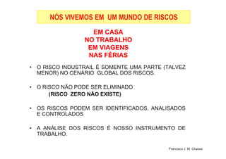 NÓS VIVEMOS EM UM MUNDO DE RISCOS
EM CASAEM CASA
NO TRABALHONO TRABALHO
EM VIAGENSEM VIAGENS
NAS FÉRIASNAS FÉRIAS
• O RISCO INDUSTRAIL É SOMENTE UMA PARTE (TALVEZ
MENOR) NO CENÁRIO GLOBAL DOS RISCOS.
3
• O RISCO NÃO PODE SER ELIMINADO
(RISCO ZERO NÃO EXISTE)
• OS RISCOS PODEM SER IDENTIFICADOS, ANALISADOS
E CONTROLADOS
• A ANÁLISE DOS RISCOS É NOSSO INSTRUMENTO DE
TRABALHO.
Francisco J. M. Chaves
 