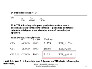 Autor: Sergio Alfredo Macore -
Sergio.macore@gmail.com 40
2º Pode não existir TIR
Ex: C0 C1 C2
1000 -3000 2500
3º A TIR é inadequada para projectos mutuamente
exclusivos (ex: temos um terreno – podemos construir
nele um prédio ou uma vivenda, mas só uma destas
opções)
Taxa de actualização=5%
VAL A > VAL B  A melhor que B (o uso da TIR daria informação
incorrecta)
 