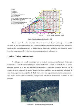 Carta Bioclimática de Petrópolis – RJ 
Ainda, a partir dos dados fornecidos pelo software Analysis Bio, conclui-se que cerca de 29% das horas do ano são confortáveis e 71% são desconfortáveis predominantemente por frio. Nesse caso, as estratégias mais adequadas para as edificações na cidade são: ventilação (nos meses de janeiro, fevereiro, março e dezembro), alta inércia térmica e aquecimento solar passivo. 
2 ANÁLISE CRÍTICA DO PROJETO 
A edificação está situada num amplo lote no conjunto montanhoso da Serra dos Órgãos que fica distante a do centro de Petrópolis e aproximadamente a da cidade do Rio de Janeiro. O acesso principal se dá pela Rua José Joaquim Rodrigues. A residência ocupa um pequeno vale no sentido norte-sul, para onde se abrem perspectivas interrompidas a leste e oeste pela aclividade do solo. Cercada por elaborados jardins de Burle Marx, e por uma sequência de montanhas circundando o vale, a casa possuiu uma deslumbrante paisagem com de área total e de área edificada. 
Residência Edmundo Cavanelas - Entorno  