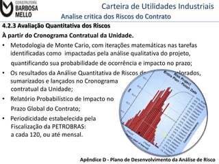 Carteira de Utilidades Industriais
Analise critica dos Riscos do Contrato
4.2.3 Avaliação Quantitativa dos Riscos
À partir do Cronograma Contratual da Unidade.
• Metodologia de Monte Cario, com iterações matemáticas nas tarefas
identificadas como impactadas pela análise qualitativa do projeto,
quantificando sua probabilidade de ocorrência e impacto no prazo;
• Os resultados da Análise Quantitativa de Riscos deverão ser valorados,
sumarizados e lançados no Cronograma
contratual da Unidade;
• Relatório Probabilístico de Impacto no
Prazo Global do Contrato;
• Periodicidade estabelecida pela
Fiscalização da PETROBRAS:
a cada 120, ou até mensal.

Apêndice D - Plano de Desenvolvimento da Análise de Risco

 