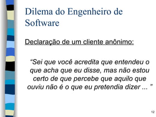 Dilema do Engenheiro de Software Declaração de um cliente anônimo: “ Sei que você acredita que entendeu o que acha que eu disse, mas não estou certo de que percebe que aquilo que ouviu não é o que eu pretendia dizer ... ” 