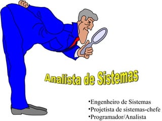 Analista de Sistemas Engenheiro de Sistemas Projetista de sistemas-chefe Programador/Analista 