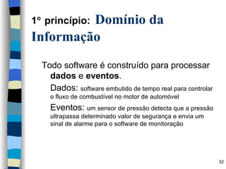 1   princípio:   Domínio da Informação Todo software é construído para processar  dados  e  eventos .  Dados:  software embutido de tempo real para controlar o fluxo de combustível no motor de automóvel Eventos:  um sensor de pressão detecta que a pressão ultrapassa determinado valor de segurança e envia um sinal de alarme para o software de monitoração 