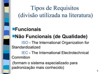 Tipos de Requisitos  (divisão utilizada na literatura) <ul><li>Funcionais </li></ul><ul><li>Não Funcionais (de Qualidade) ...