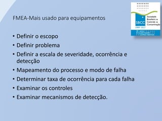 FMEA-Mais usado para equipamentos
• Definir o escopo
• Definir problema
• Definir a escala de severidade, ocorrência e
detecção
• Mapeamento do processo e modo de falha
• Determinar taxa de ocorrência para cada falha
• Examinar os controles
• Examinar mecanismos de detecção.
 