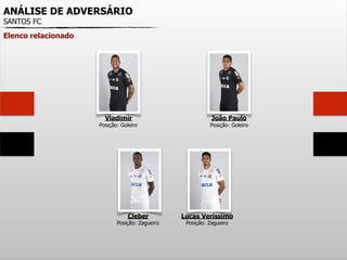 ANÁLISE DE ADVERSÁRIO
SANTOS FC
Elenco relacionado
Vladimir
Posição: Goleiro
João Paulo
Posição: Goleiro
Cleber
Posição: Zagueiro
Lucas Veríssimo
Posição: Zagueiro
 