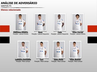 ANÁLISE DE ADVERSÁRIO
SANTOS FC
Elenco relacionado
Matheus Ribeiro
Posição: Lateral Direito
Zeca
Posição: Lateral Esquerdo
Leandro Donizete
Posição: Meio-campo
Yuri
Posição: Meio-campo
Caju
Posição: Lateral Esquerdo
Vitor Ferraz
Posição: Lateral Direito
Jean Mota
Posição: Meio-campo
Vitor Bueno
Posição: Meio-campo
 