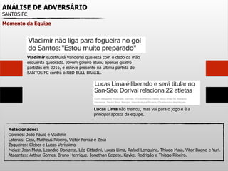 ANÁLISE DE ADVERSÁRIO
SANTOS FC
Momento da Equipe
Vladimir substituirá Vanderlei que está com o dedo da mão
esquerda quebrado. Jovem goleiro atuou apenas quatro
partidas em 2016, e esteve presente na última partida do
SANTOS FC contra o RED BULL BRASIL.
Lucas Lima não treinou, mas vai para o jogo e é a
principal aposta da equipe.
Relacionados:
Goleiros: João Paulo e Vladimir
Laterais: Caju, Matheus Ribeiro, Victor Ferraz e Zeca
Zagueiros: Cleber e Lucas Veríssimo
Meias: Jean Mota, Leandro Donizete, Léo Cittadini, Lucas Lima, Rafael Longuine, Thiago Maia, Vitor Bueno e Yuri.
Atacantes: Arthur Gomes, Bruno Henrique, Jonathan Copete, Kayke, Rodrigão e Thiago Ribeiro.
 