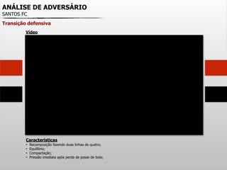 ANÁLISE DE ADVERSÁRIO
SANTOS FC
Transição defensiva
Características
• Recomposição fazendo duas linhas de quatro;
• Equilíbrio;
• Compactação;
• Pressão imediata após perda de posse de bola;
Vídeo
 