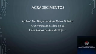 AGRADECIMENTOS
Ao Prof. Me. Diego Henrique Matos Pinheiro
A Universidade Estácio de Sá
E aos Alunos da Aula de Hoje....
 