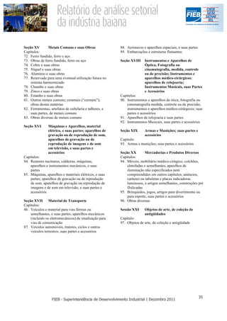 Seção XV        Metais Comuns e suas Obras               88. Aeronaves e aparelhos espaciais, e suas partes
Capítulos:                                               89. Embarcações e estruturas flutuantes
72. Ferro fundido, ferro e aço
73. Obras de ferro fundido, ferro ou aço                 Seção XVIII    Instrumentos e Aparelhos de
74. Cobre e suas obras                                                  Óptica, Fotografia ou
75. Níquel e suas obras                                                 cinematografia, medida, controle
76. Alumínio e suas obras                                               ou de precisão; Instrumentos e
77. Reservado para uma eventual utilização futura no                    aparelhos médico-cirúrgicos;
    sistema harmornizado                                                aparelhos de relojoaria;
78. Chumbo e suas obras                                                 Instrumentos Musicais, suas Partes
79. Zinco e suas obras                                                  e Acessórios
80. Estanho e suas obras                                 Capítulos:
81. Outros metais comuns; ceramais (“cermets”);          90. Instrumentos e aparelhos de ótica, fotografia ou
    obras destas matérias                                    cinematografia medida, controle ou de precisão;
82. Ferramentas, artefatos de cultelaria e talheres, e       instrumentos e aparelhos médico-cirúrgicos; suas
    suas partes, de metais comuns                            partes e acessórios
83. Obras diversas de metais comuns                      91. Aparelhos de relojoaria e suas partes
                                                         92. Instrumentos Musicais, suas partes e acessórios
Seção XVI      Máquinas e Aparelhos, material
               elétrico, e suas partes; aparelhos de     Seção XIX      Armas e Munições; suas partes e
               gravação ou de reprodução de som,                        acessórios
               aparelhos de gravação ou de               Capítulo:
               reprodução de imagens e de som            93. Armas e munições; suas partes e acessórios
               em televisão, e suas partes e
               acessórios                                Seção XX       Mercadorias e Produtos Diversos
Capítulos:                                               Capítulos:
84. Reatores nucleares, caldeiras, máquinas,             94. Móveis, mobiliário médico-cirúgico, colchões,
    aparelhos e instrumentos mecânicos, e suas               almofadas e semelhantes, aparelhos de
    partes                                                   iluminação não especificados nem
85. Máquinas, aparelhos e materiais elétricos, e suas        compreendidos em outros capítulos; anúncios,
    partes; aparelhos de gravação ou de reprodução           cartazes ou tabuletas e placas indicadoras
    de som, aparelhos de gravação ou reprodução de           luminosos, e artigos semelhantes, construções pré
    imagens e de som em televisão, e suas partes e           fJulicadas
    acessórios                                           95. Brinquedos, jogos, artigos para divertimento ou
                                                             para esporte, suas partes e acessórios
Seção XVII Material de Transporte                        96. Obras diversas
Capítulos:
86. Veículos e material para vias férreas ou             Sessão XXI     Objetos de arte, de coleção de
    semelhantes, e suas partes; aparelhos mecânicos                     antigüidades
    (incluído os eletromecânicos) de sinalização para    Capítulo:
    vias de comunicação                                  97. Objetos de arte, de coleção e antigüidade
87. Veículos automóveis, tratores, ciclos e outros
    veículos terrestres, suas partes e acessórios
 