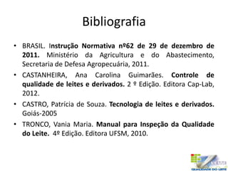 Bibliografia
• BRASIL. Instrução Normativa nº62 de 29 de dezembro de
2011. Ministério da Agricultura e do Abastecimento,
Secretaria de Defesa Agropecuária, 2011.
• CASTANHEIRA, Ana Carolina Guimarães. Controle de
qualidade de leites e derivados. 2 º Edição. Editora Cap-Lab,
2012.
• CASTRO, Patrícia de Souza. Tecnologia de leites e derivados.
Goiás-2005
• TRONCO, Vania Maria. Manual para Inspeção da Qualidade
do Leite. 4º Edição. Editora UFSM, 2010.
 