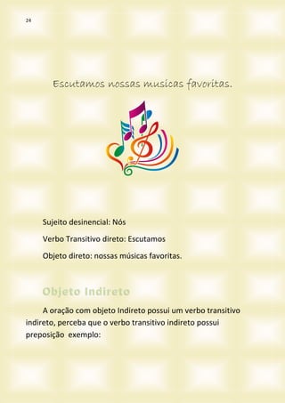 24
Escutamos nossas musicas favoritas.
Sujeito desinencial: Nós
Verbo Transitivo direto: Escutamos
Objeto direto: nossas músicas favoritas.
A oração com objeto Indireto possui um verbo transitivo
indireto, perceba que o verbo transitivo indireto possui
preposição exemplo:
 