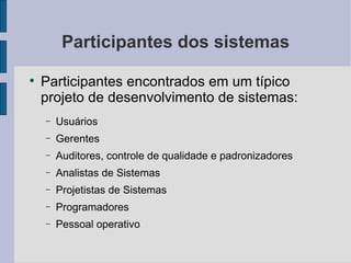 Participantes dos sistemas Participantes encontrados em um típico projeto de desenvolvimento de sistemas: Usuários Gerentes Auditores, controle de qualidade e padronizadores Analistas de Sistemas Projetistas de Sistemas Programadores Pessoal operativo 