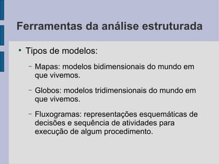 Ferramentas da análise estruturada Tipos de modelos: Mapas: modelos bidimensionais do mundo em que vivemos. Globos: modelos tridimensionais do mundo em que vivemos. Fluxogramas: representações esquemáticas de decisões e sequência de atividades para execução de algum procedimento. 